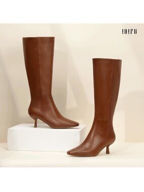 Idifu Classic Brown Leather Knee-High Kitten Heel Boots - Women